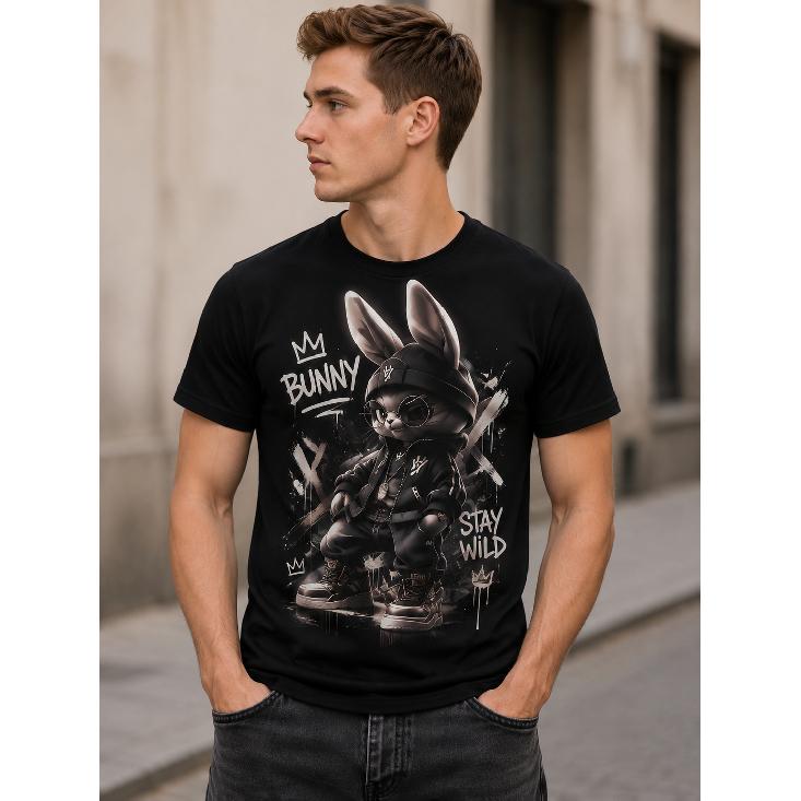 Men s black short sleeve crew neck t-shirt with cool bunny graphic print, soft cotton feel, streetwear style for casual daily wear S чёрный