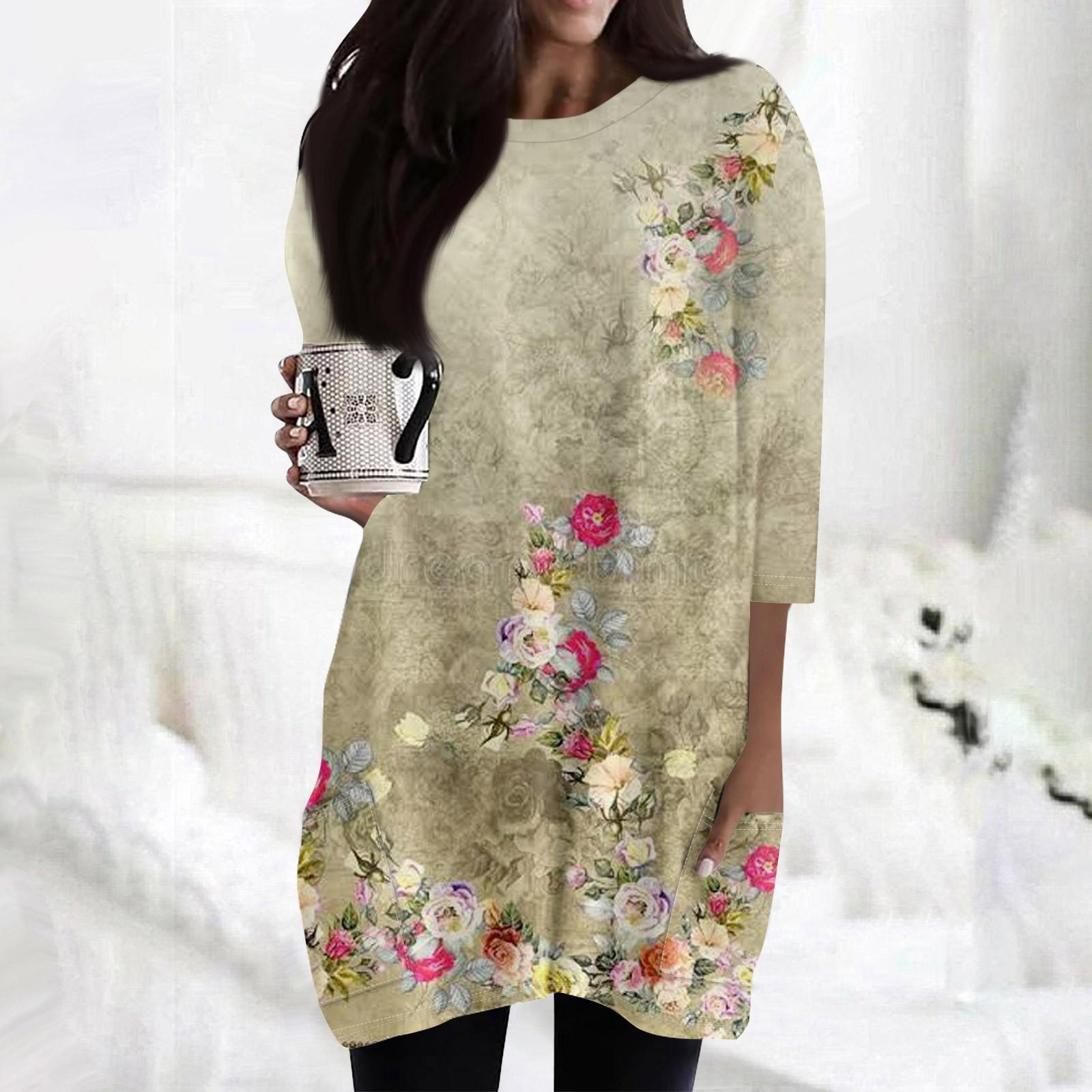 

Жіночий вільний повсякденний топ з круглим вирізом і кишенями з квітковим принтом з рукавами 3/4 XXXL жовтий