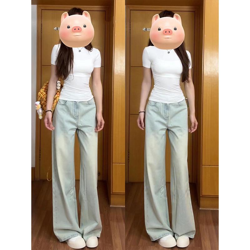 

Женский летний стиль 2025: Светло-голубые свободные джинсы прямого кроя Medium синий