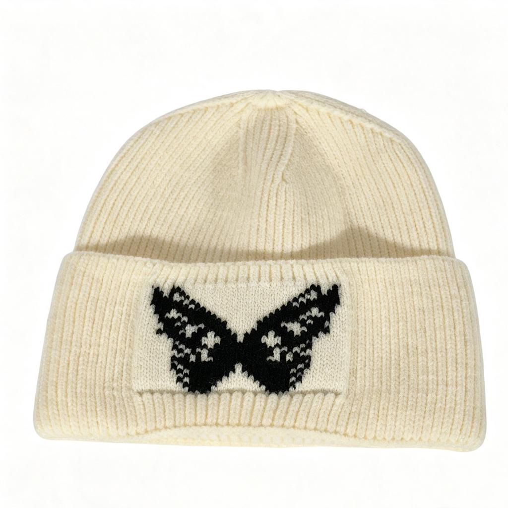 Autumn and winter butterfly jacquard big head circumference knitted hat women's retro warm wool hat street hipster curling edge cold hat