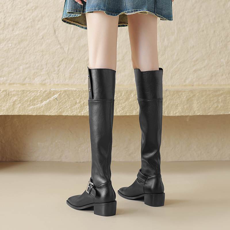 Krazing Pot Zapatos de Microfibra con Pelo Otoño Invierno Tacón Medio Grueso Botas de Montar Remaches Punta Cuadrada Mantener Caliente Botas Altas hasta la Rodilla