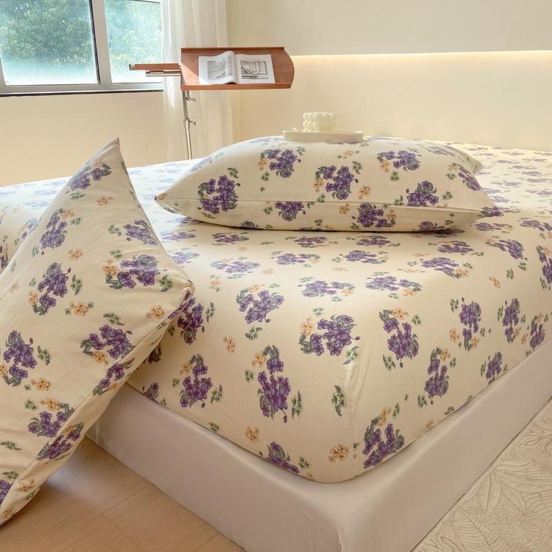 Washed Cotton Bed Sheet Fitted Sheet with Pillowcase Elastic Bands Non Slip Adjustable Mattress Cover for Double King Queen Bed