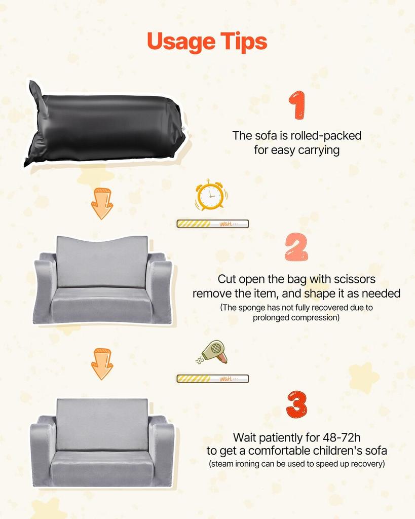 2-in-1 Kids Sofa, Foldable Toddler Soft Couch with Armrests, Made of 28D Sponge & Short Pile, Convertible Toddler Chair To Lounger, Kid Couch Fold Out