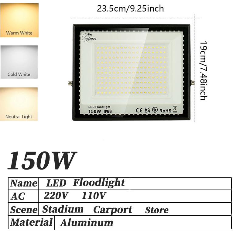 LED Floodlight Spotlight 10/20/30/50/100/150/200/300W Outdoor Lighting  Waterproof Garage Gym Street Gate Wall Lamps AC220/110V