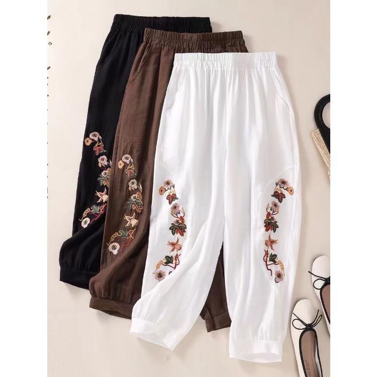 Summer Women's Cotton and Hemp Embroidered Haren Pants Middle Aged and Elderly Large Loose Haren Pants Mom Cropped Pants