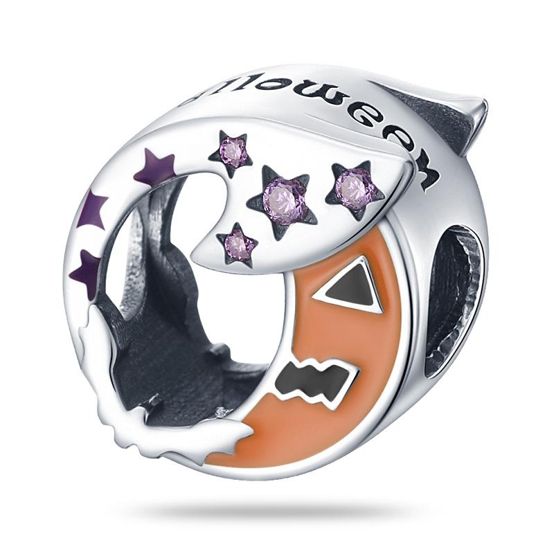 925 Silber Halloween Charm Armband Damen DIY Niedlich Zauberer Kürbis Mond Magischer Hut Besen Perle Geschenk Zubehör