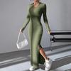 Rochie de primăvară de toamnă pentru femei, cu decolteu în V, cu tiv cu tăietură, cu mâneci lungi, până la gleznă, tricotată, elastică, rochie de petrecere pentru cumpărături