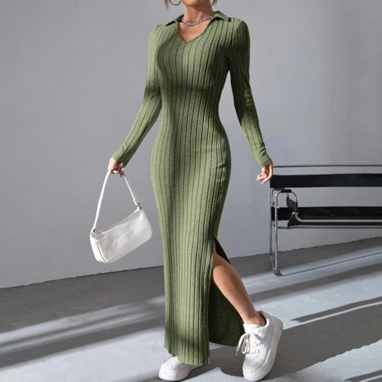 Rochie de primăvară de toamnă pentru femei, cu decolteu în V, cu tiv cu tăietură, cu mâneci lungi, până la gleznă, tricotată, elastică, rochie de petrecere pentru cumpărături