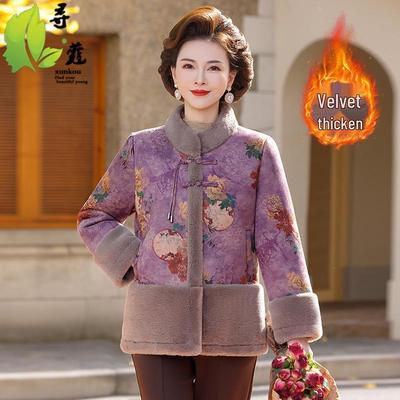 Velvet Plus Ancient Style Print Warm Jacket for Middle-Aged & Elderly Women - Winter Casual Wear