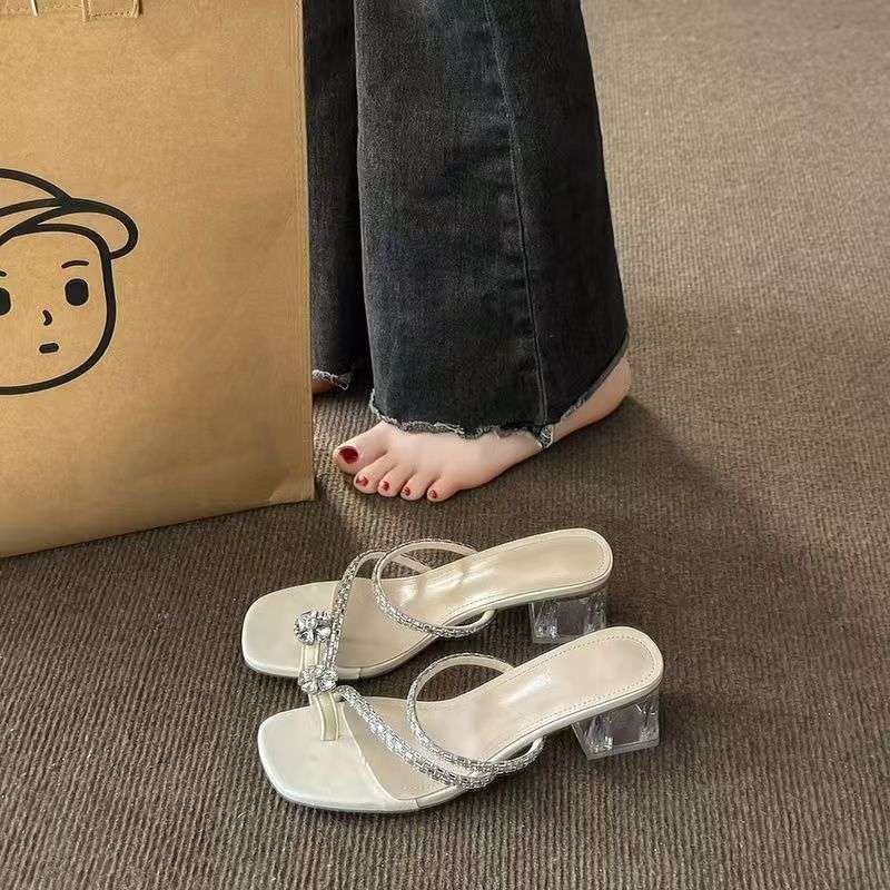 French Thick-heeled Sandals for Women To Wear 2025 Summer New Rhinestone Cool Slippers Versatile Toe Two Sandals