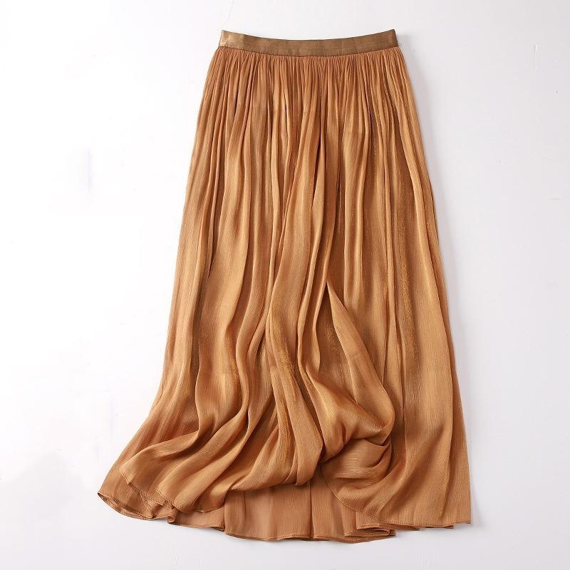 Qooth Women Gentle Solid Color Pleated Skirt Casual Elastic Waist Colorful A-line Skirt For Spring Summer QT2416
