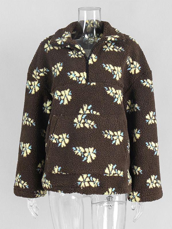 Худи на флисовой подкладке для осенизимы с цветочным узором стильный женский топ L кофейный 2790₽