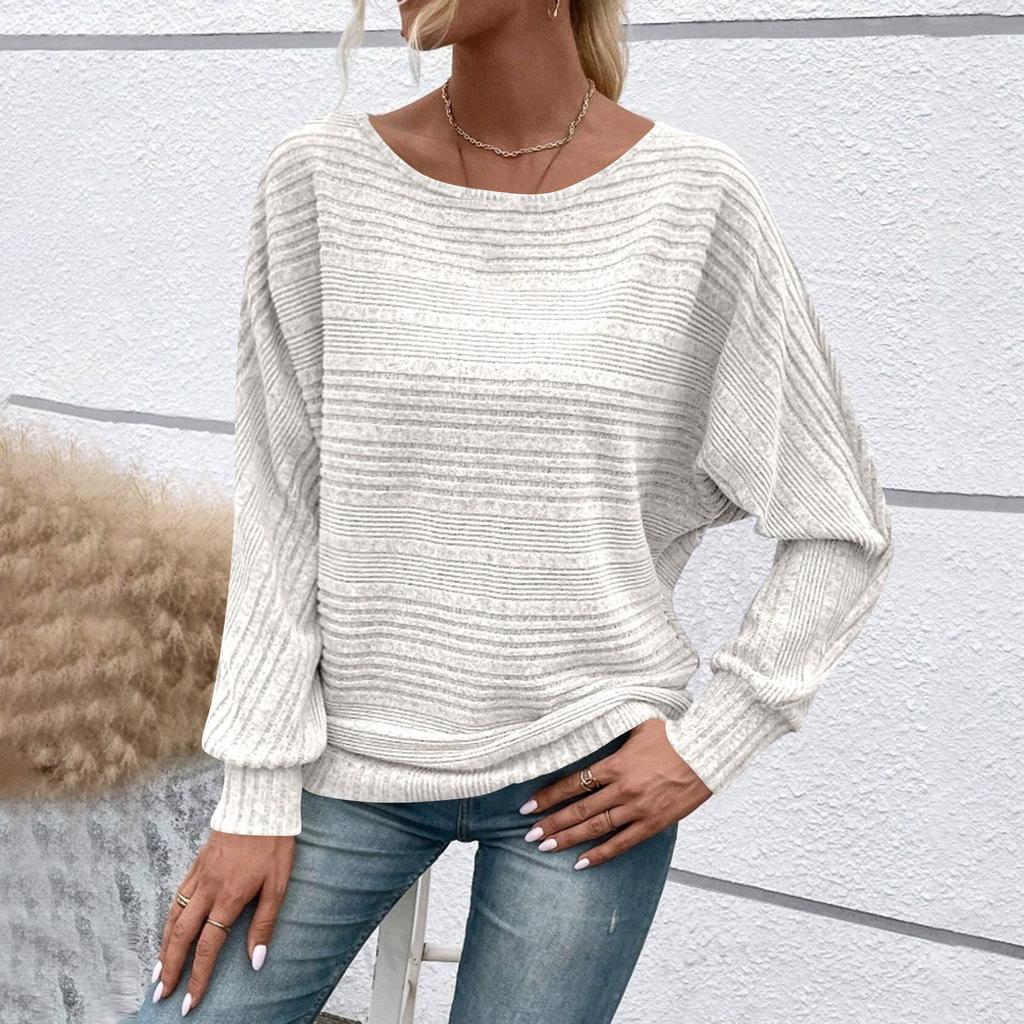 Women's Fashionable Solid Color Round Neck Long Sleeved Casual Pullover T-shirt Top