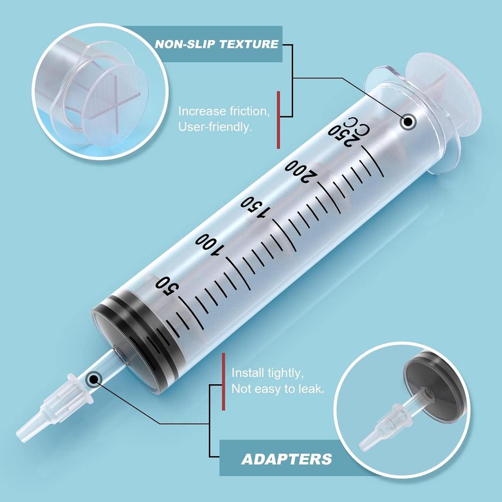 2Pack 250ML Extra Large Syringe and 2Pack 20ML Plastic Syringes with Tip Adapter&Soft Tube, Sterile Individually Wrap Measurement and Dispensing