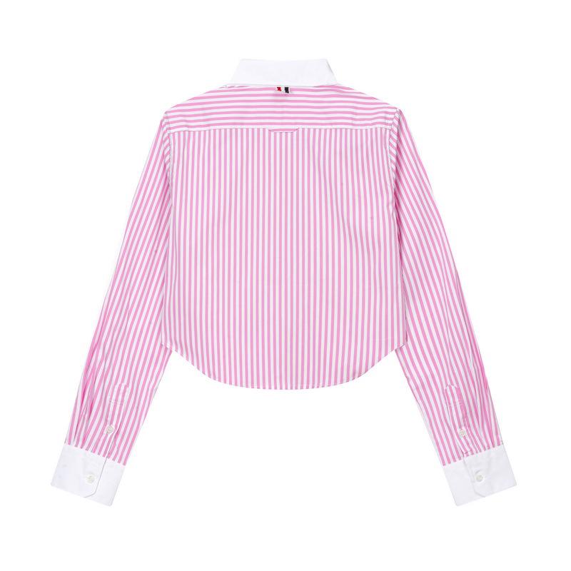 Women's Casual Pink and White Striped Long-Sleeve Lapel Shirt - Preppy, Age-Reducing Style