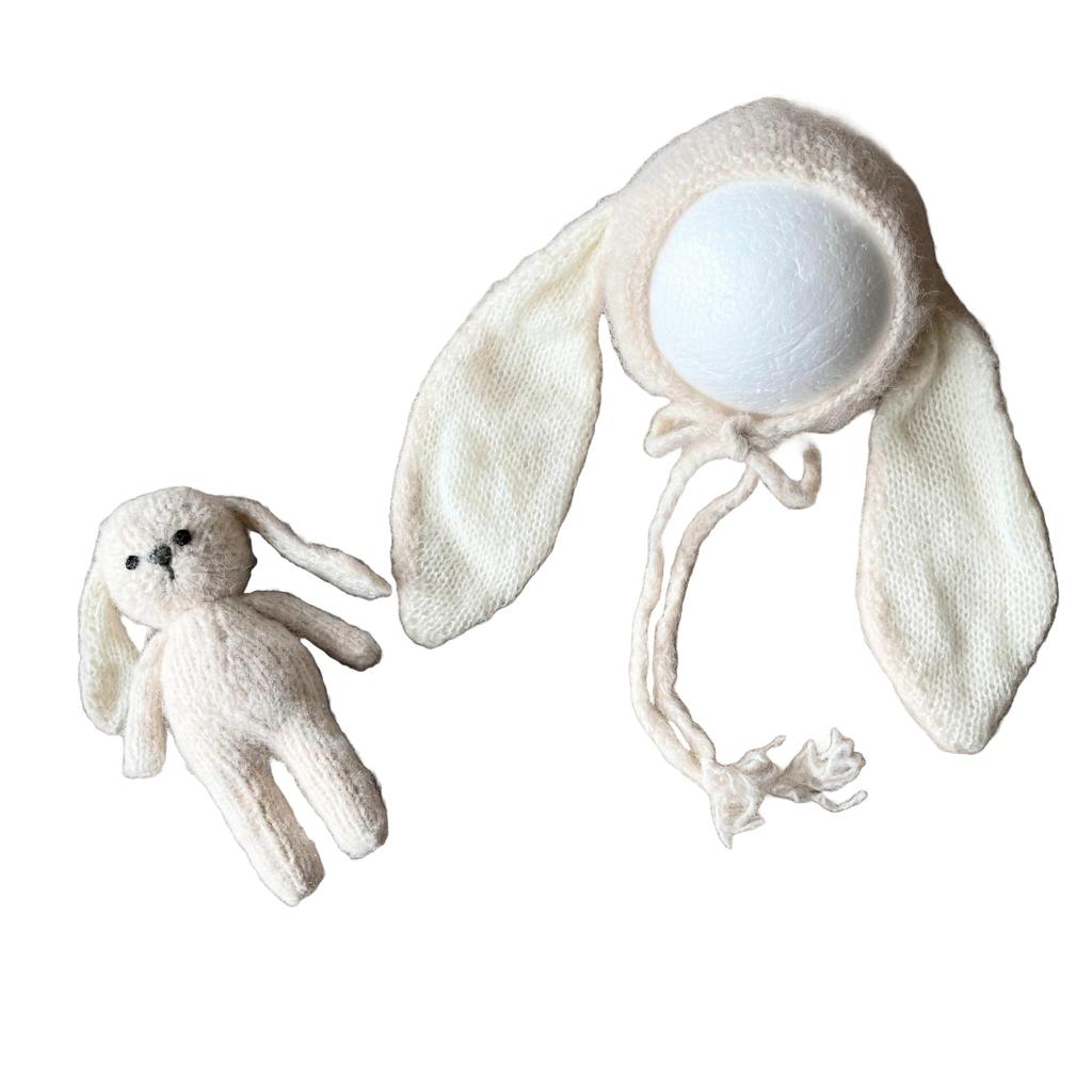 [NANA's shop] Newborn rabbit bonnet hat and crocheted doll set, ivory, wool material, newborn photo for commemorative photos (ivory)
