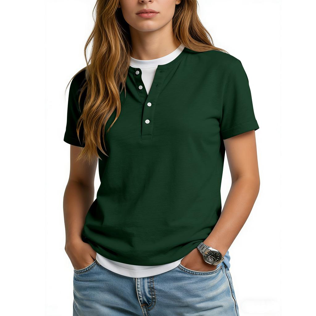Women's Casual Color V,neck Short,sleeved T,shirt With Decorative Buttons.