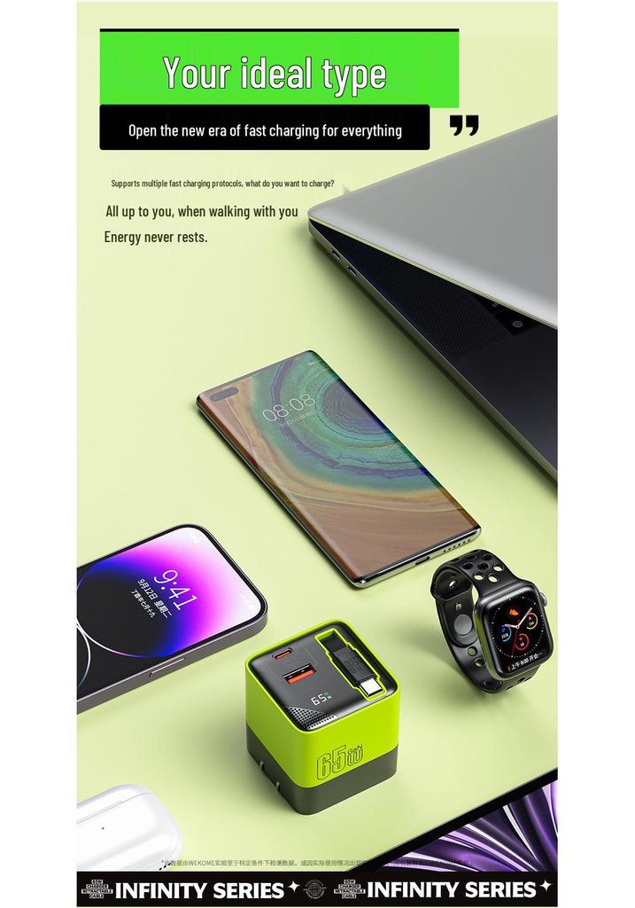 Wekome 65W GaN Charger with Retractable Cable, US/EU Spec, Low-Temp Fast Charging Set