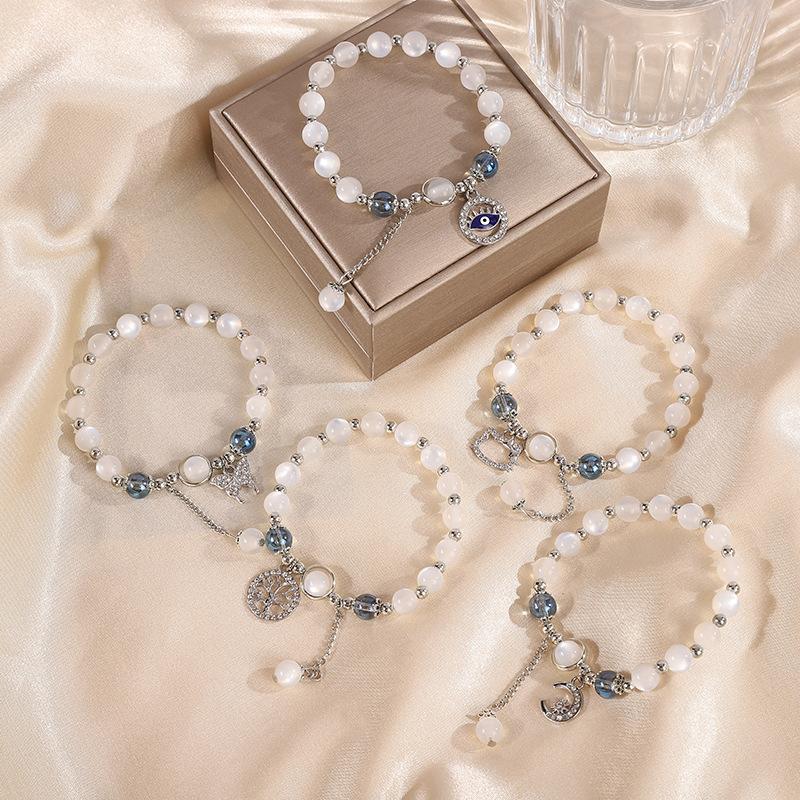 Beaded Bracelet Cat Eye Stone Butterfly Charm Pendent Light Luxury Handmade Stretch Bracelet For Girl Birthday Gift