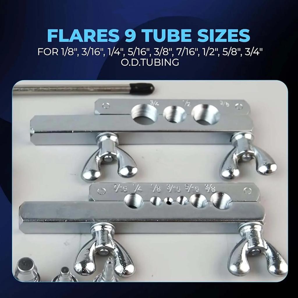 Flaring Tool Kit 1/8"-3/4" with 2 rods 5 forged adapters 7 tube sizes For extended brake line refrigeration