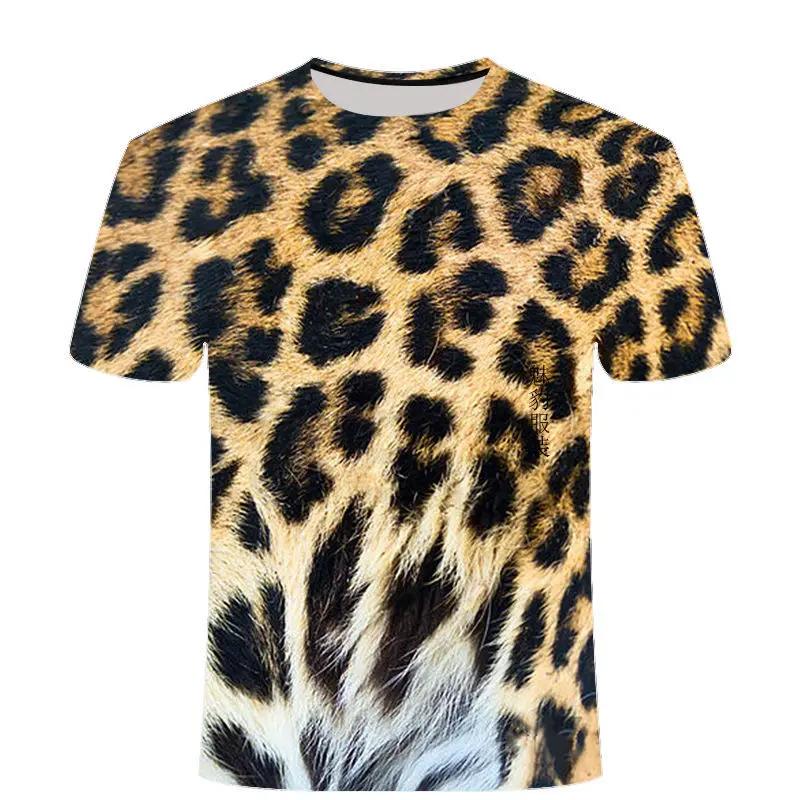 Leopard Printing T-shirt Contrasting Stripes Fleck O-neck T Shirt For Men And Women's Summer Fashion Comfortable Top