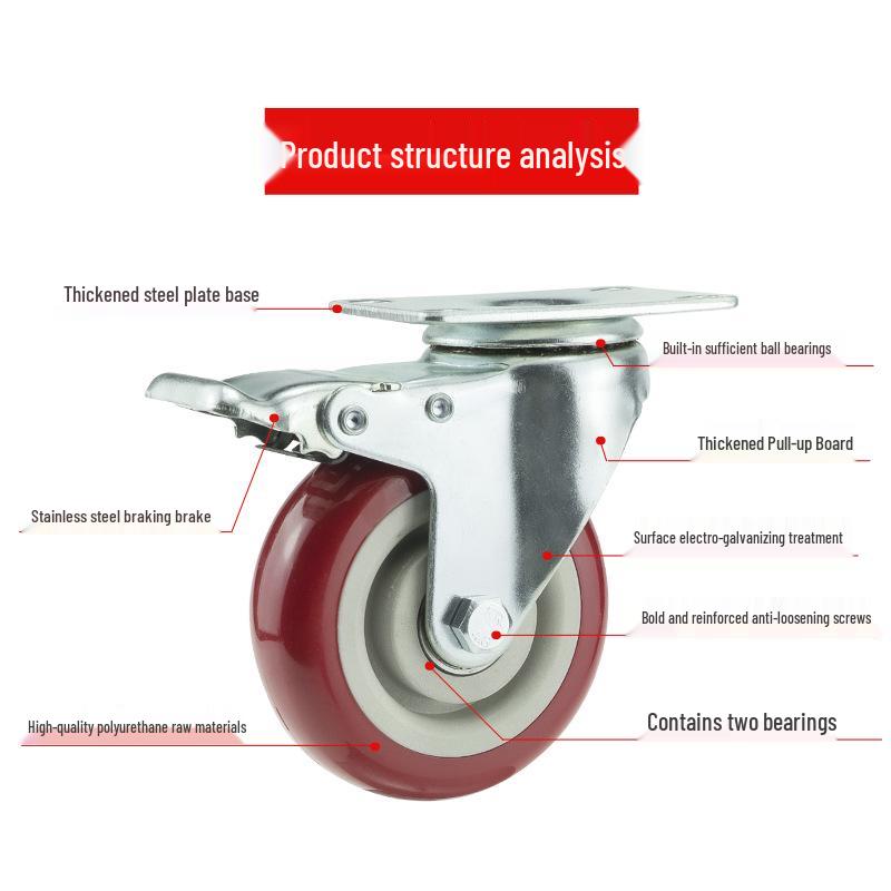 Medium Red Double Bearing Universal Caster Wheel with Brake, Round Edge, Silent PU, Sizes: 2.5", 3", 4", 5"