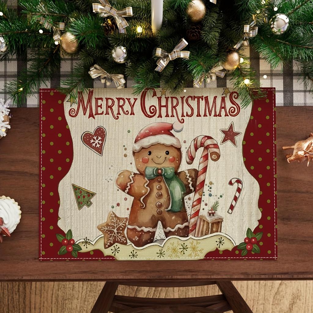 VIKAMA 4-Piece Christmas Gingerbread Man Placemats Family Christmas Party Holiday Table Decor and Accessories