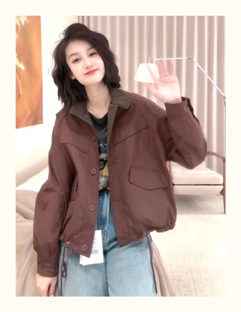 2025 Women's Frosted Jacket: Spring Fashion Loose Casual Solid Color Stand-Up Collar Top.