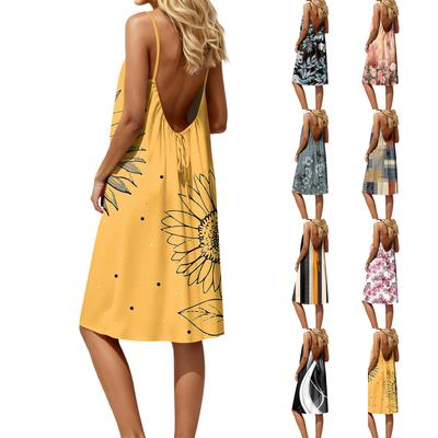 Damen-Rückenfreies Spaghettiträger-Kleid, Ärmelloses Dünn-Träger-Fließendes Strandurlaub-Kurzkleid, Mit Rückenband.