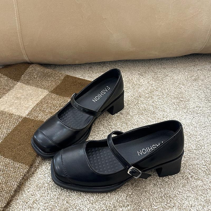 Soft leather with Mary Jane shoes women's thick heel black medium heel small leather shoes square head single shoes