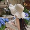 Straw Hat With French Lace Bow And Wave Edge For Beach Sun Protection