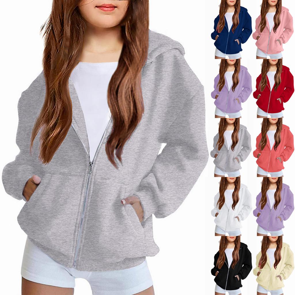 Children's Relaxed-Fit Zipper Hooded Sweatshirt Jacket Solid Color Hoodie With Pockets