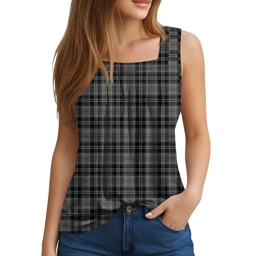 Women's Summer Casual Pleated Square Neck Sleeveless Tank Top Printed T-Shirt