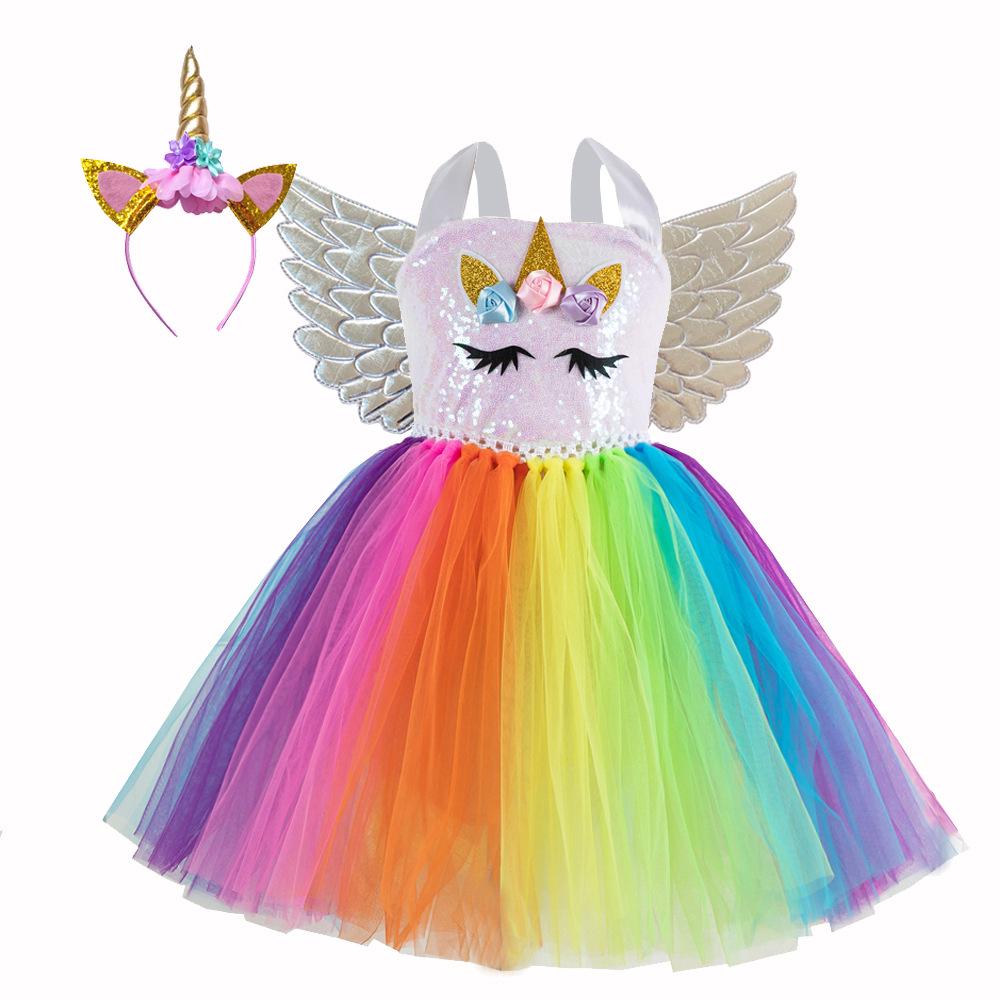 Regenbogen Pailletten Einhorn Kleid mit Flügeln & Kopfschmuck - Europäischer & Amerikanischer Stil 2026 für Mädchen