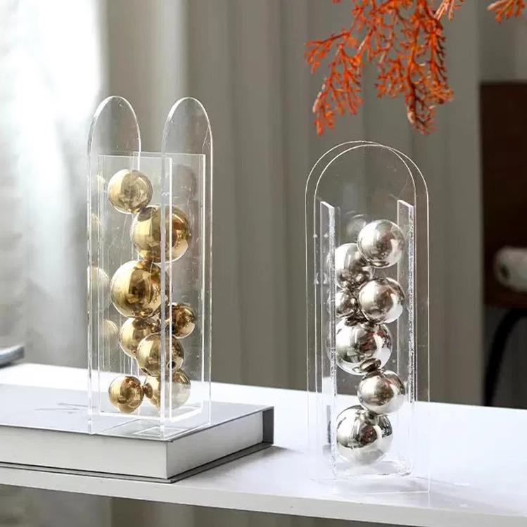 Abstract Art Metal Ball Square Transparent Box Acrylic Container Model Ornament Desk Decoration Ornaments Sphericity Crafts