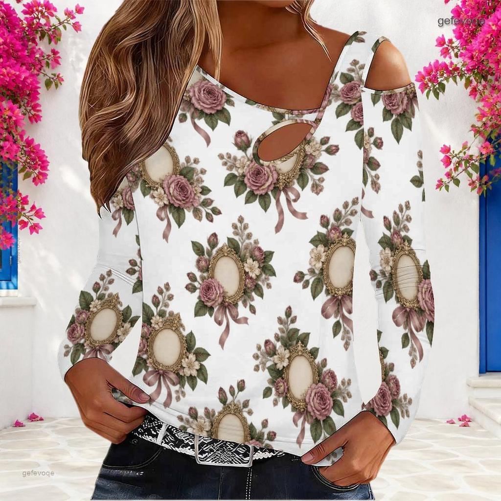 Women Plus Size White Floral Printed Asymmetric Cutout Neck Cold Shoulder Long Sleeve Fitted Top