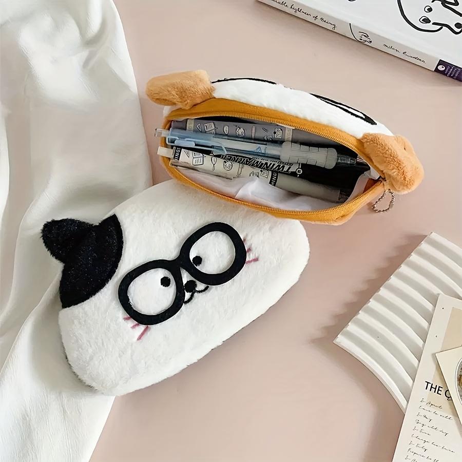 1pc Super Cute Cartoon Animal Pencil Case,ID Holder Pouch with Glasses Decoration,Plush Feel,3 Styles of Glasses-Wearing Kitten