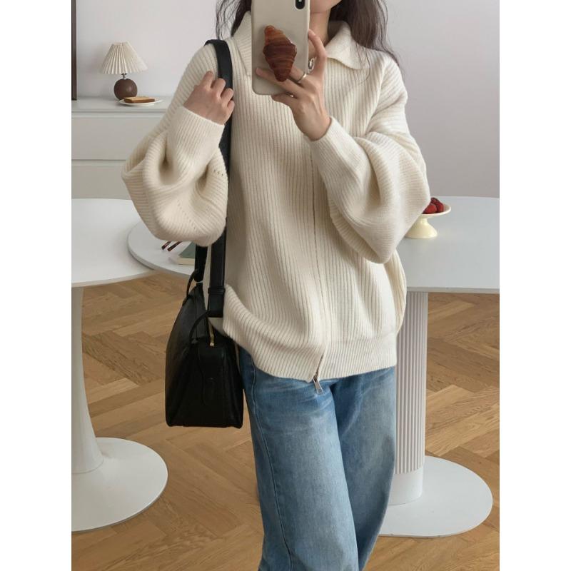 

Новый кардиган с воротником поло, двойной молнией, большого размера, свободного ленивого стиля, толстый, с длинным рукавом, вязаный One Size бежевый