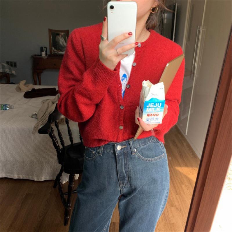 Women Autumn Winter Long Sleeve O Neck Wardrobe Staple Solid Color Soft Breathable Loose Cardigan Sweater Coat