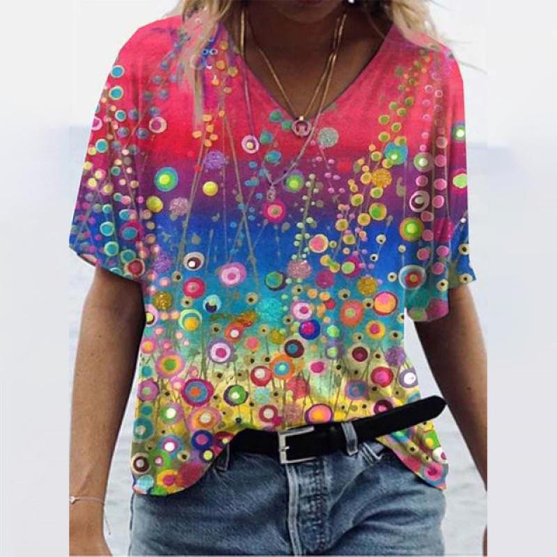 Women's T-shirts Summer Gradient Graphics Tops V-Neck Fashion Female Vintage Clothing Floral Print Tees Loose Oversized T-Shirts