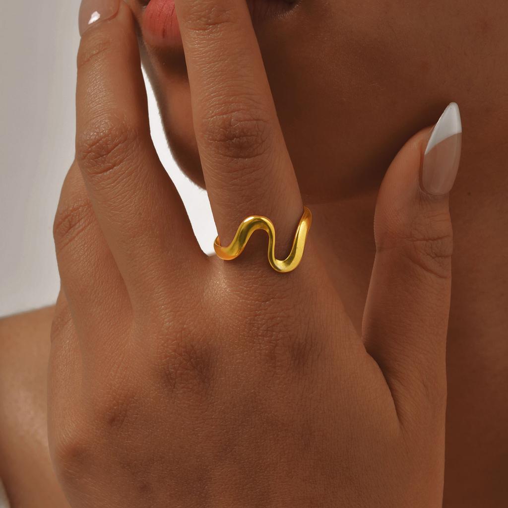Stainless Steel Wavy Geometric Opening Ring for Women,Gold Plated Charm Rings,Trendy Jewelry Mother's Day Gifts