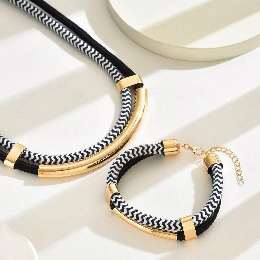 Klobige Halsketten für Damen, 14 Karat vergoldetes Ketten- und Armbandset Geschenk Schwarze und weiße Seile Statement-Halskette Schmuck Böhmischer Stil