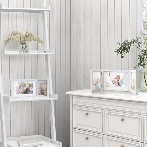 Afuly Photo Frame, Postcard Size, 2L, 3-Panel, Stylish Folding Photo Frame, Tabletop/Wall-Mountable, Wood Grain Finish, White, Perfect Gift for Weddin