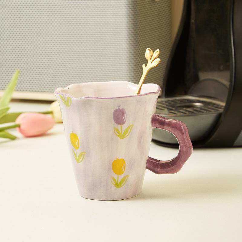 Creative Hand-Squeezed Small Fresh Tulip Mug Hand-Painted Flower Ceramic Cup Office Gift Box Coffee Milk Cup