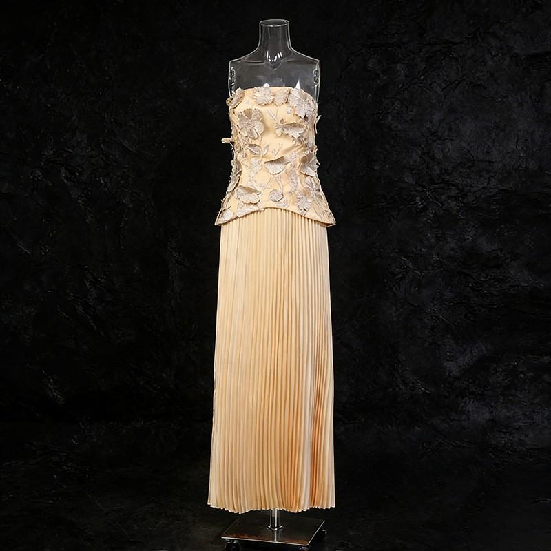 

French Elegant Dress Two-piece Sleeveless Tube Top Three-dimensional Flower + High-waisted Pleated Skirt L жовтий