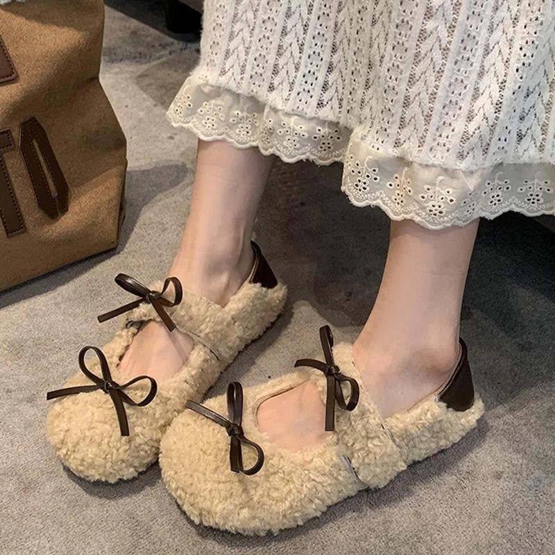 

Меховые банты неглубокие женские туфли Мэри Джейн короткие плюшевые модные хлопковые туфли 2025 тренд уютное платье зимние новые женские туфли Zapatillas 35