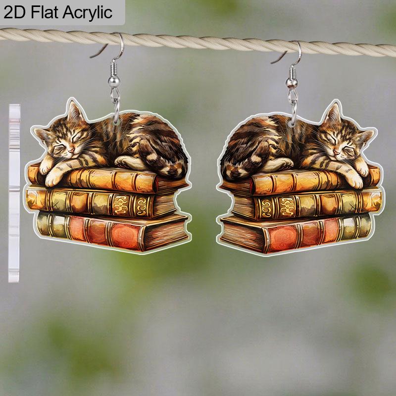 2D Flat Acrylic Cartoon Book Cat Pattern Earrings Fashion Jewelry Gift for Women Girls Female