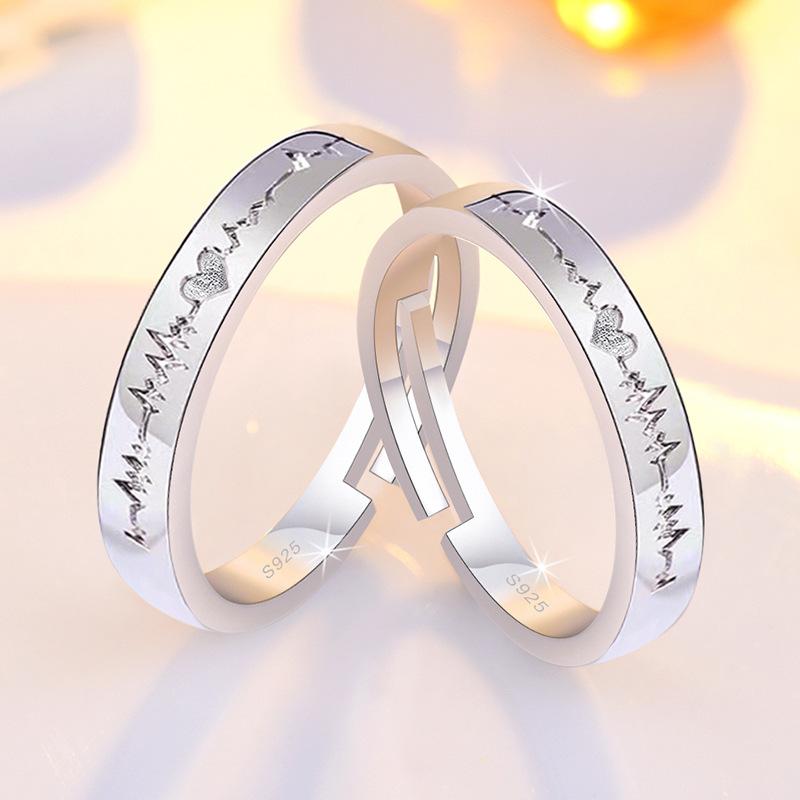 2PCS 925 Sterling Silver Ring Adjustable Open Couple Engagement Rings for Women Men Wedding Ring Party Fashion Jewelry Gift