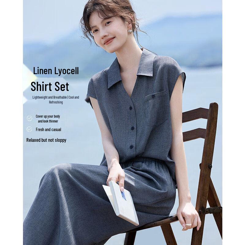 XWI Women s Summer Linen-Blend Denim-Look Shirt & Pants Set L