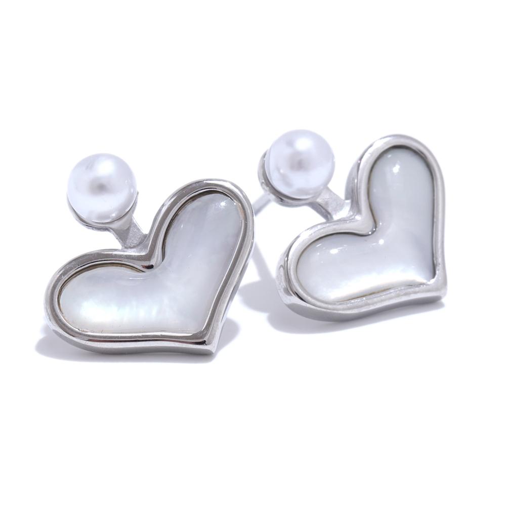 Yhpup Korean Delicate Natural Shell Simulated Pearl Heart Chic Stud Earrings Stainless Steel Office Ladies Waterproof Jewelry